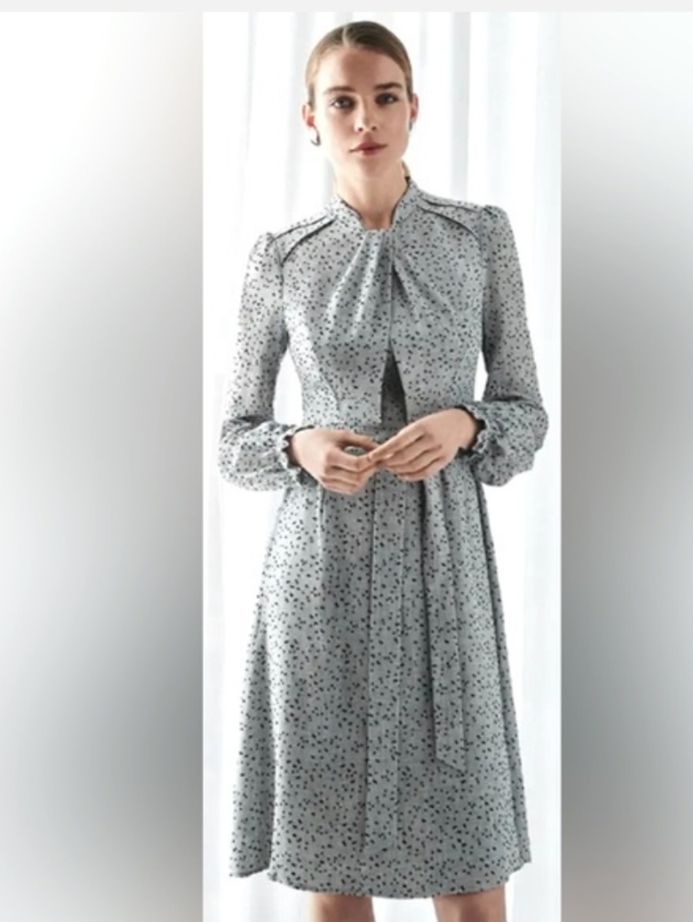 The Fold Gray Haslemere Black Dot Patterned Long Sleeve Midi Dress Sz 12